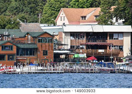 LAKE GEORGE, NY - SEP 24: View of Lake George from the Village, in New York State, as seen on Sep 24, 2016. The lake lies within the upper region of the Great Appalachian Valley and drains all the way northward into Lake Champlain and the St. Lawrence Riv