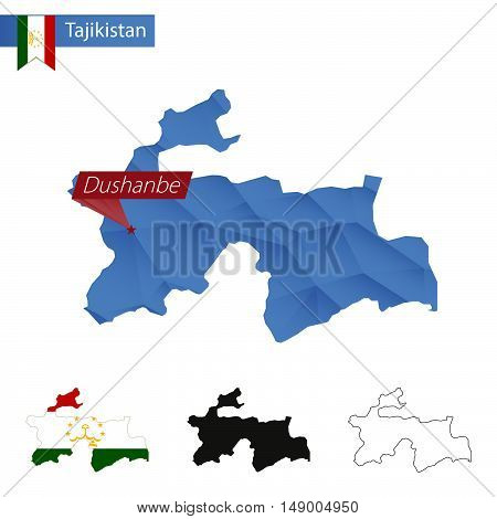 Tajikistan Blue Low Poly Map With Capital Dushanbe.