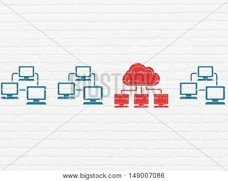 Cloud technology concept: row of Painted blue lan computer network icons around red cloud network icon on White Brick wall background