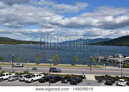 LAKE GEORGE, NY - SEP 24: View of Lake George from the Village, in New York State, as seen on Sep 24, 2016. The lake lies within the upper region of the Great Appalachian Valley and drains all the way northward into Lake Champlain and the St. Lawrence Riv