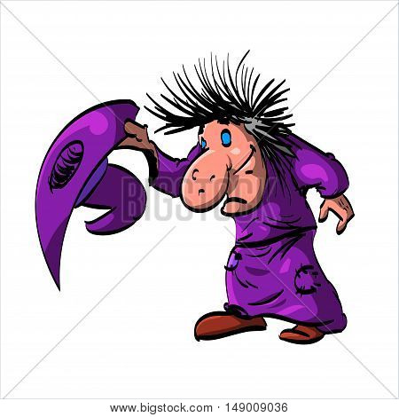 Cartoon illustration of Befana or a wtich with blue clothes and a hat