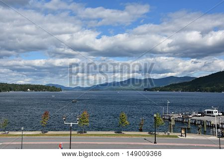 LAKE GEORGE, NY - SEP 24: View of Lake George from the Village, in New York State, as seen on Sep 24, 2016. The lake lies within the upper region of the Great Appalachian Valley and drains all the way northward into Lake Champlain and the St. Lawrence Riv