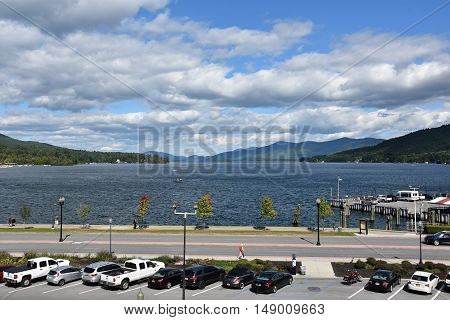 LAKE GEORGE, NY - SEP 24: View of Lake George from the Village, in New York State, as seen on Sep 24, 2016. The lake lies within the upper region of the Great Appalachian Valley and drains all the way northward into Lake Champlain and the St. Lawrence Riv