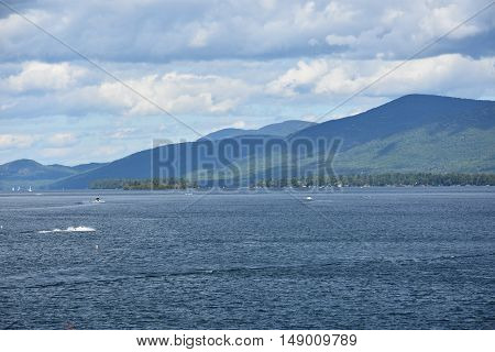 LAKE GEORGE, NY - SEP 24: View of Lake George from the Village, in New York State, as seen on Sep 24, 2016. The lake lies within the upper region of the Great Appalachian Valley and drains all the way northward into Lake Champlain and the St. Lawrence Riv