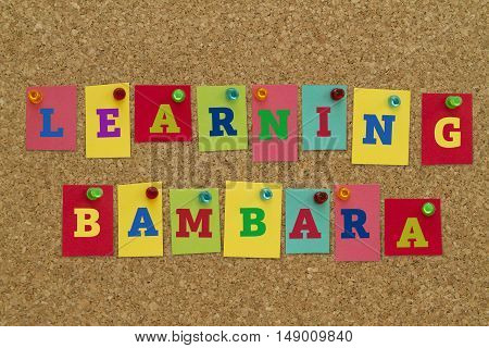 Learning Bambara word written on colorful notes pinned on cork board.