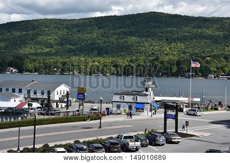 LAKE GEORGE, NY - SEP 24: View of Lake George from the Village, in New York State, as seen on Sep 24, 2016. The lake lies within the upper region of the Great Appalachian Valley and drains all the way northward into Lake Champlain and the St. Lawrence Riv