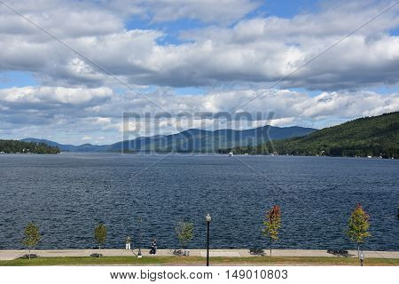 LAKE GEORGE, NY - SEP 24: View of Lake George from the Village, in New York State, as seen on Sep 24, 2016. The lake lies within the upper region of the Great Appalachian Valley and drains all the way northward into Lake Champlain and the St. Lawrence Riv