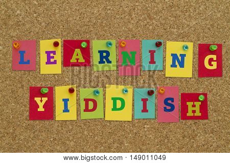 Learning Yiddish word written on colorful notes pinned on cork board.