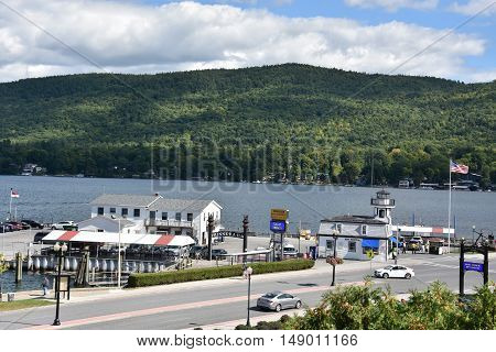 LAKE GEORGE, NY - SEP 24: View of Lake George from the Village, in New York State, as seen on Sep 24, 2016. The lake lies within the upper region of the Great Appalachian Valley and drains all the way northward into Lake Champlain and the St. Lawrence Riv