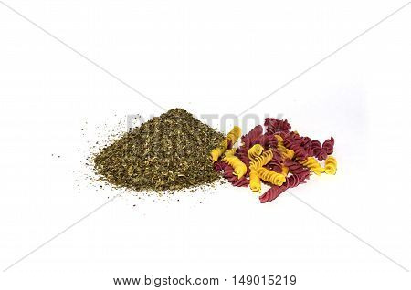 pasta and spices on a white background