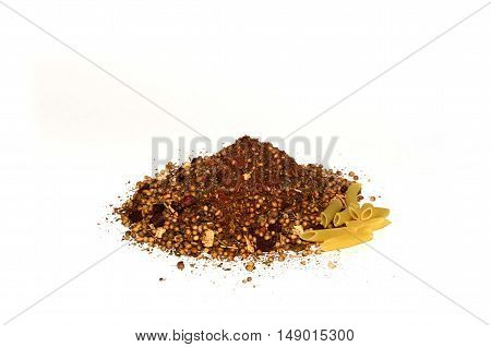 pasta and spices on a white background