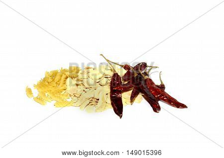 pasta with pepper and spices on a white background