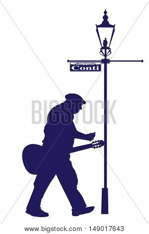 Vector Conti Street Old Musician with Acoustic Guitar Silhouette