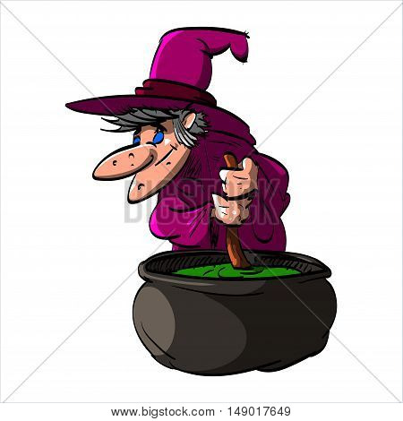 Cartoon illustration of Befana or a wtich with blue clothes and a hat cooking in a cauldron