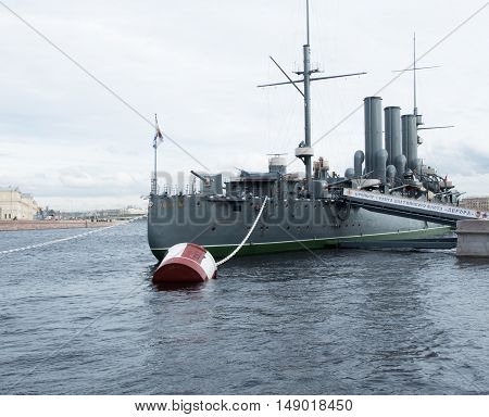 Saint Petersburg Russia September 05 2016: Cruiser Aurora on eternal Parking on the waterfront. After the repair. in St. Petersburg Russia.