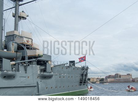 Saint Petersburg Russia September 05 2016: Cruiser Aurora on eternal Parking on the waterfront. After the repair. in St. Petersburg Russia.