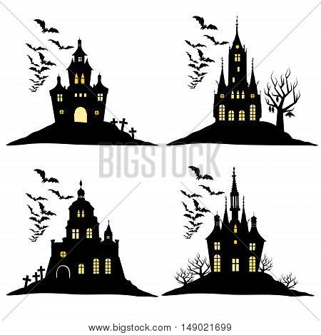 Set of halloween black castle with yellow windows. Vector illustration.