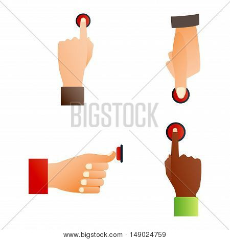 Hand press red button finger press icon on white background. Finger control start up hands push red buttons pointer cursor. Target gesture internet human hands push buttons touch concept one click.