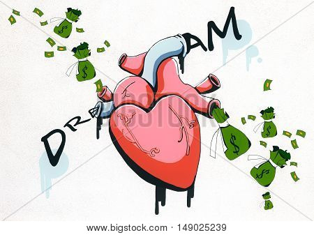 Abstract drawing of realistic heart money sacks and dollar banknotes on white background