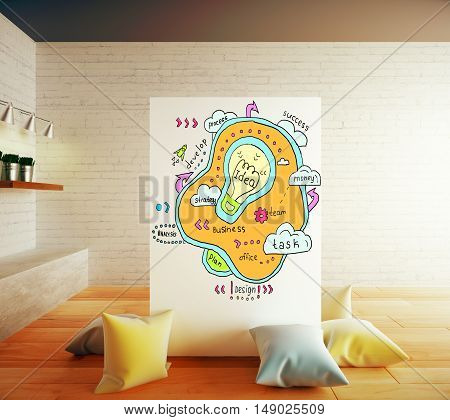 White poster with creative lamp sketch in modern room with wooden floor pillows brick walls and shelves with items. Idea concept. 3D Rendering