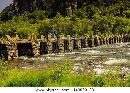 Tourist Woman On Bridge Terland Klopp In Norway