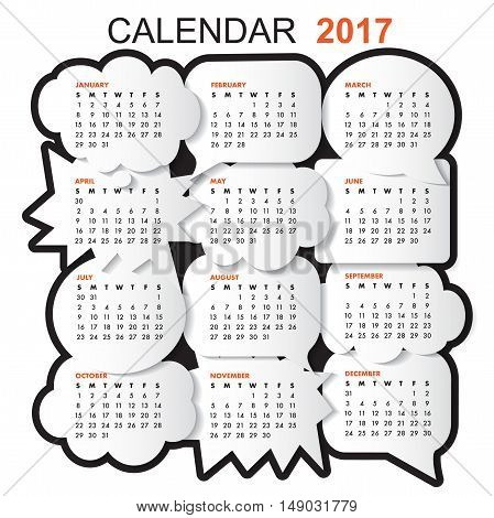 Calendar for 2017 with comic bubble on white background
