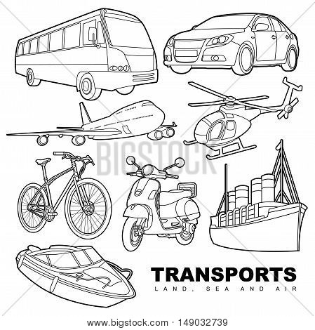 Vector black and white illustration set of transport