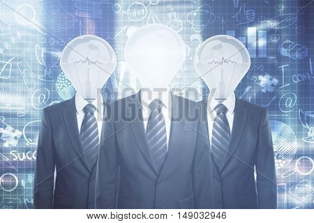 Light bulb headed businessmen in suits on blue background with business icons. Creative idea concept