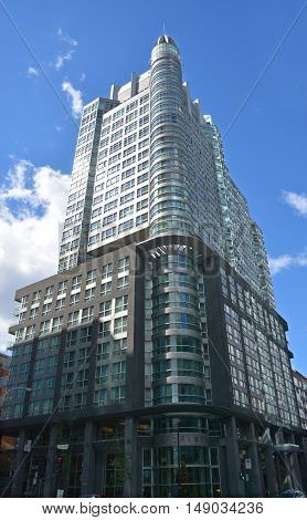 MONTREAL QUEBEC CANADA 09 22 16: Hotel Le Crystal is part of a Montreal building of 28 floors.This structure requires the existence of three condominium cohabiting unions