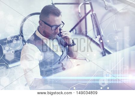 Concept Global Connection Virtual Icon Diagram Graph Interface Business Reserch.Bearded Businessman Making Great Work Decisions.Young Man Working Startup Desktop.Using Smartphone Call Partner.Blurred