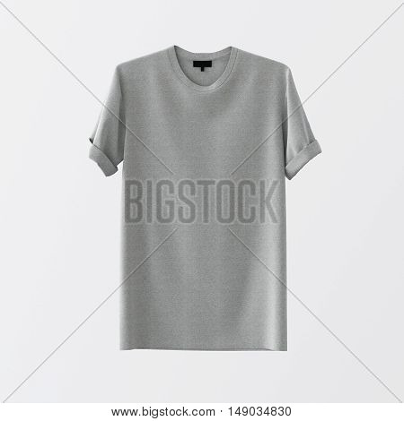 Blank Gray Cotton Tshirt Isolated Center White Empty Background.Mockup Highly Detailed Texture Materials.Clear Label Space for Business Message. Square.Front Side. 3D rendering
