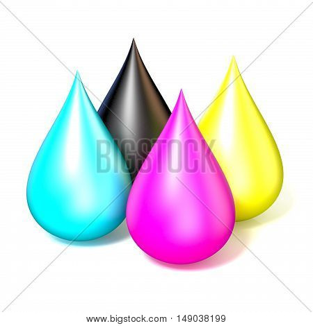 Four drops of printer ink. CMYK concept 3D rendering illustration isolated on white background