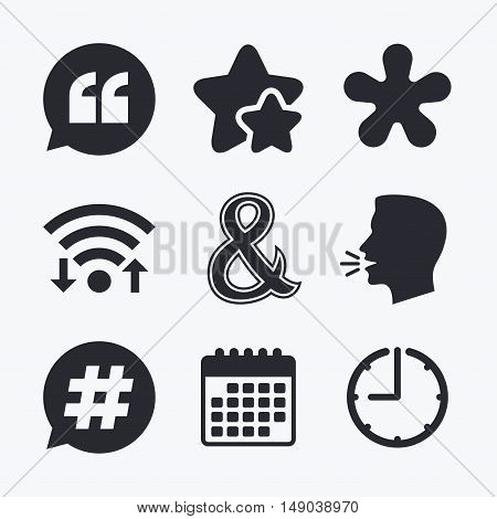 Quote, asterisk footnote icons. Hashtag social media and ampersand symbols. Programming logical operator AND sign. Speech bubble. Wifi internet, favorite stars, calendar and clock. Talking head. Vector