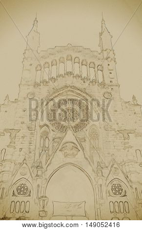 The church of Sant Bartomeu, Saint Bartholomew, in Soller, Majorca, Spain. Beautiful gothic cathedral in Spain. Vintage painting, background illustration, beautiful picture, travel texture