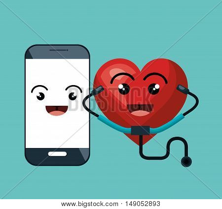 cartoon heart and smartphone with sthetoscope isolated vector illustration