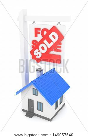 Isolated model of house with sign for sale sold. Concept of real estate, new apartment and moving to a new house. 3D rendering.