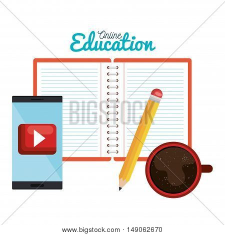 notebook and pencil with smart phone, cup coffee design vector illustration