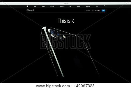 Bangkok Thailand - SEPTEMBER 27 2016: Apple computer website showcasing iPhone 7 available for sale iPhone 7 is new phone from Apple Inc. come along operating system ios 10