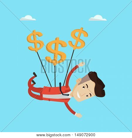 Businessman flying with dollar signs. Happy businessman gliding in the sky with dollars. Businessman using money as parachute. Business success concept. Vector flat design illustration. Square layout.