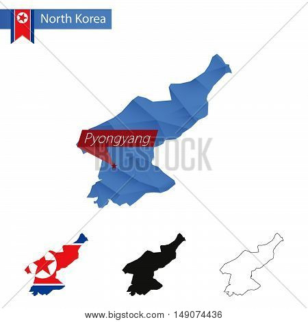North Korea Blue Low Poly Map With Capital Pyongyang.