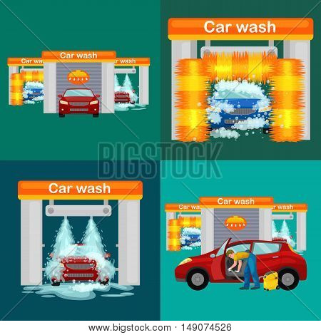 car wash services, auto cleaning with water and soap, car interior.