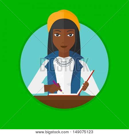 An african-american female journalist sitting at the table and writing in notebook with pencil. Young female journalist at work. Vector flat design illustration in the circle isolated on background.