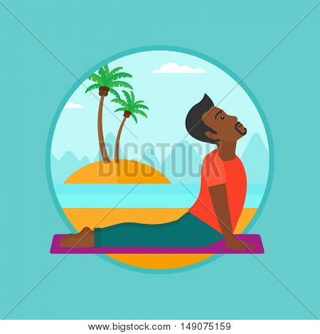 An african-american man practicing yoga upward dog pose. Man meditating in yoga upward dog position on the beach. Man doing yoga. Vector flat design illustration in the circle isolated on background.