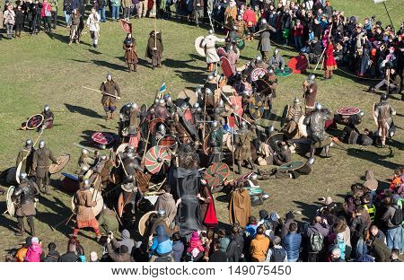 KRAKOW POLAND - MARCH 29 2016: Unidentified participants of Rekawka - Polish tradition celebrated in Krakow on Tuesday after Easter. Currently has the character of festival historical reconstruction