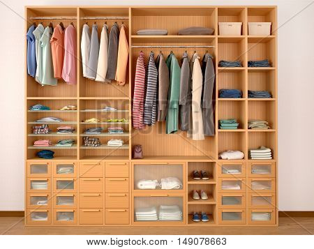 wooden wardrobe closet full of different things. 3d illustration
