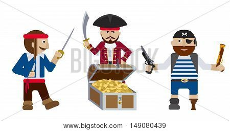 Split-up, Group of pirates with weapon near treasure chest full of golden coins flat vector illustration
