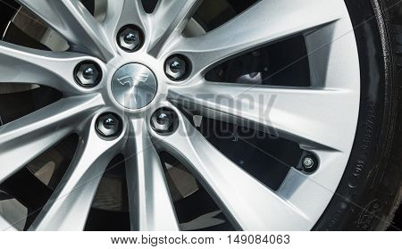 TILGURG, NETHERLANDS - SEPTEMBER 25, 2016: TESLA  MODEL-S. Detail on logo on wheel. Tesla Motors Assembly Plant in Tilburg, Netherlands.