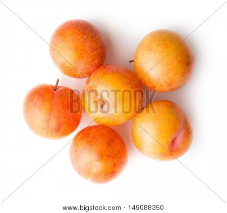 Ripe yellow plums isolated on white background. Top view.