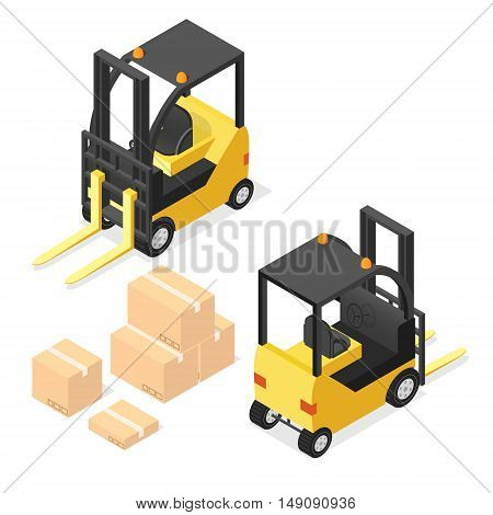 Lift Truck Isometric with Cardboard Boxes. Vector illustration