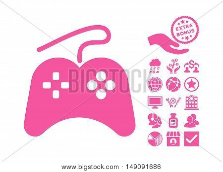 Gamepad icon with bonus elements. Vector illustration style is flat iconic symbols pink color white background.